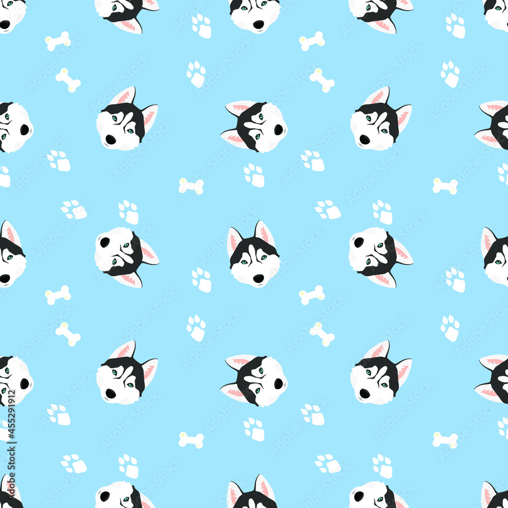 Husky dog ​​with blue eyes, white bones and paw marks on a blue background. Print for fabric, textile, paper, clothing. Seamless pattern Vector illustration