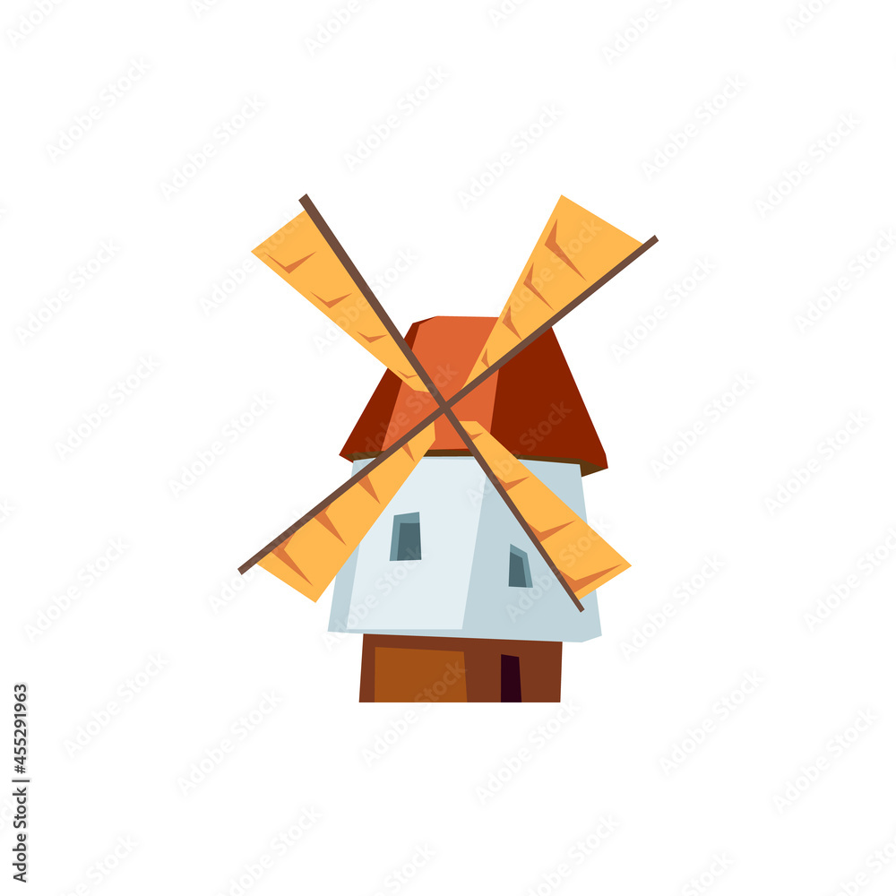 Vintage old windmill building, flat vector illustration isolated on white.