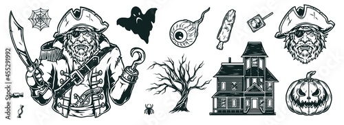 Halloween vintage monochrome elements set