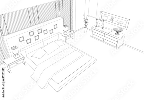 Contour of a bedroom from black lines isolated on a white background. Perspective view. Vector illustration