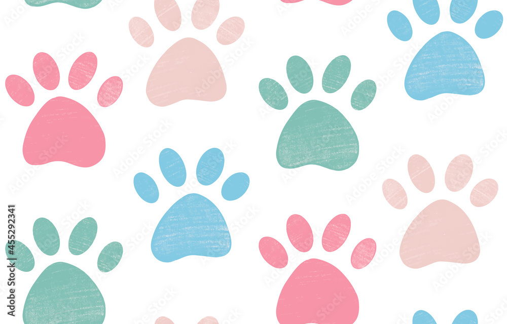 Cute gentle seamless pattern with crayon pencil textured pet paw in pastel colors. Vector background with dog or cat leg footprint track silhouette. Animal textile design, wallpaper.