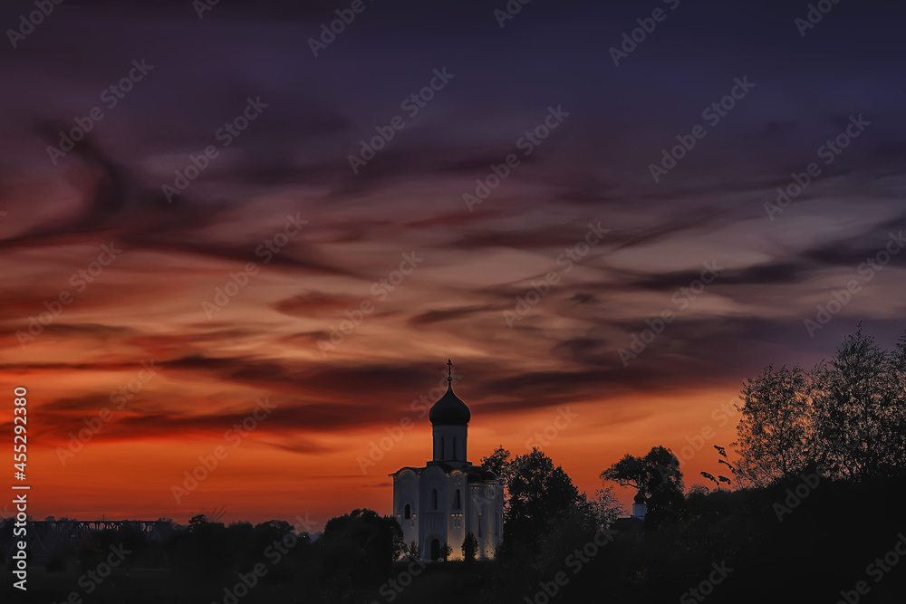 cover on the nerl, landscape church at sunset sun and sky, golden ring vladimir view
