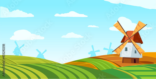 Vector beautiful nature rural landscape with old dutch windmill on green field