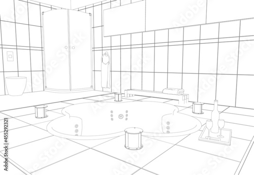 Contour of a room with a sauna and shower from black lines isolated on a white background. Vector illustration