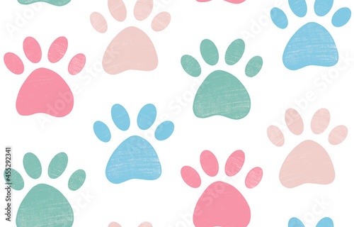 Cute gentle seamless pattern with crayon pencil textured pet paw in pastel colors. Vector background with dog or cat leg footprint track silhouette. Animal textile design, wallpaper.