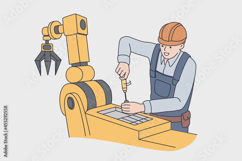 Working on production factory concept. Young man worker in uniform and helmet standing repairing automatic machine for production on plant vector illustration 
