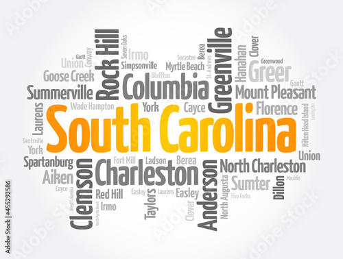 List of cities in South Carolina USA state, word cloud concept background photo