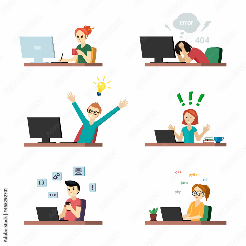 Programmers at work set. Joyful girl at laptop and guy with new idea for coding tester in despair because of errors in program man configures application. Vector creative programming Programmers at work set. Joyful girl at laptop and guy with new idea for coding tester in despair because of errors in program man configures application. Vector creative programming