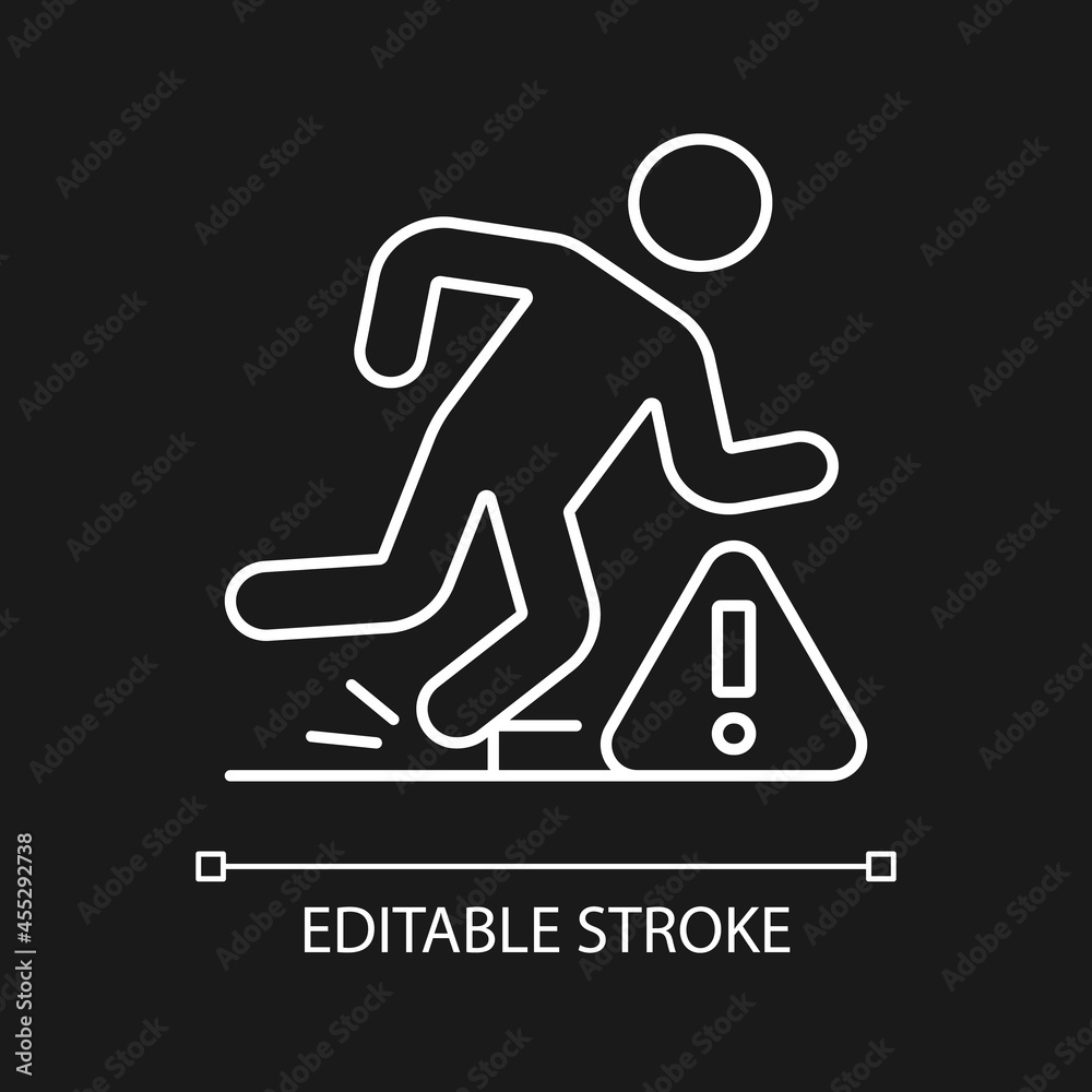 Tripping hazards white linear manual label icon for dark theme. Thin line customizable illustration. Isolated vector contour symbol for night mode for product use instructions. Editable stroke Tripping hazards white linear manual label icon for dark theme. Thin line customizable illustration. Isolated vector contour symbol for night mode for product use instructions. Editable stroke