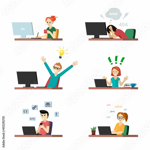Programmers at work set. Joyful girl at laptop and guy with new idea for coding tester in despair because of errors in program man configures application. Vector creative programming