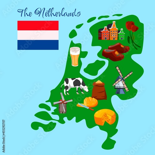 Dutch or Netherlands travel tourist map guide, flat vector illustration.