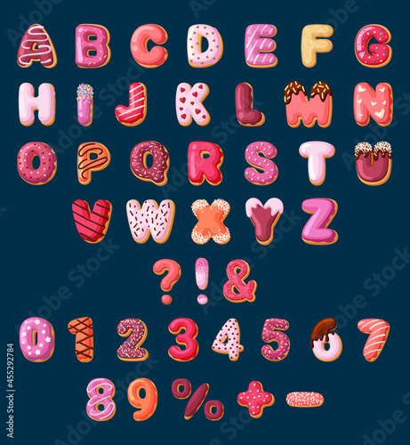 Alphabet from sweets set. Bright font made from baked goods and donuts with cream educational dessert for children with decorative cakes letters and numbers. Vector cartoon caramel.