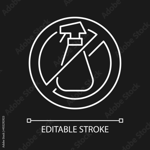 No using cleaning agents white linear manual label icon for dark theme. Thin line customizable illustration. Isolated vector contour symbol for night mode for product use instructions. Editable stroke