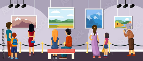 Exhibition of modern and retro art illustration. During excursion visitors see works of famous authors outstanding masterpieces present and past in landscape and surrealist style. Vector lifestyle.