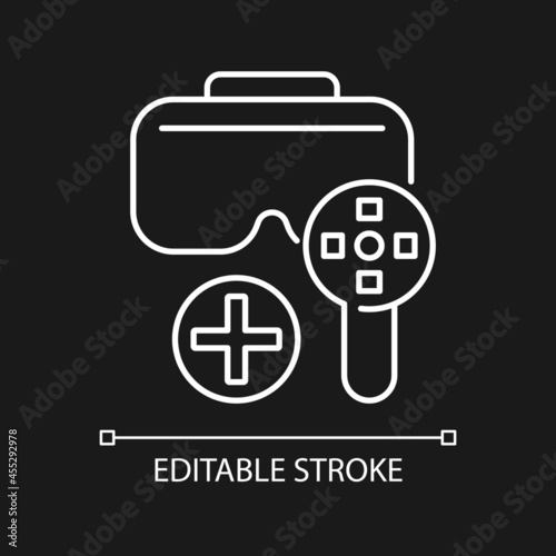Use with game controller white linear manual label icon for dark theme. Thin line customizable illustration. Isolated vector contour symbol for night mode for product use instructions. Editable stroke
