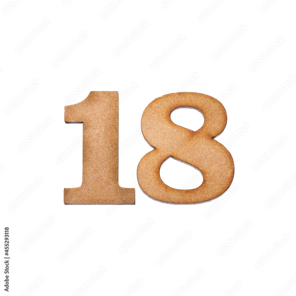 Number 18 in wood, isolated on white background Number 18 in wood, isolated on white background