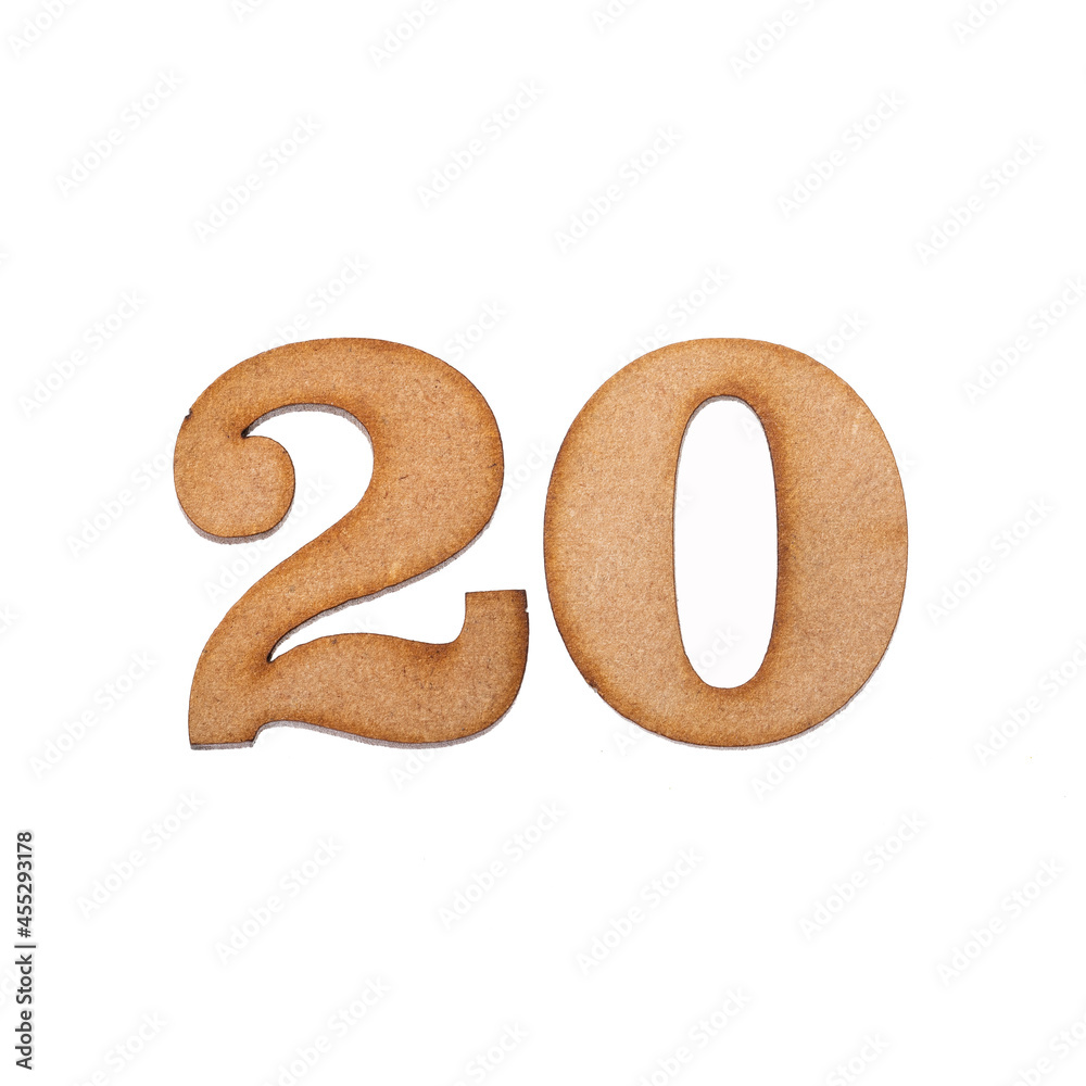 Number 20 in wood, isolated on white background Number 20 in wood, isolated on white background