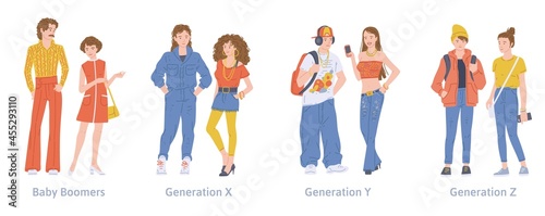 A set of young characters different generations x, y, z and baby boomers. photo
