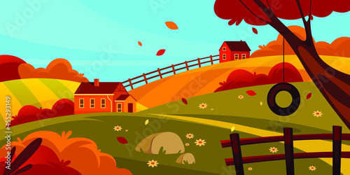 Rural or countryside nature view with farm fields, cottages and falling leaves. Autumn landscape or fall scenery, banner or background. Vector scape of autumn season, sunny weather.