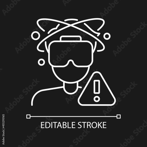 Can cause balance loss white linear manual label icon for dark theme. Thin line customizable illustration. Isolated vector contour symbol for night mode for product use instructions. Editable stroke