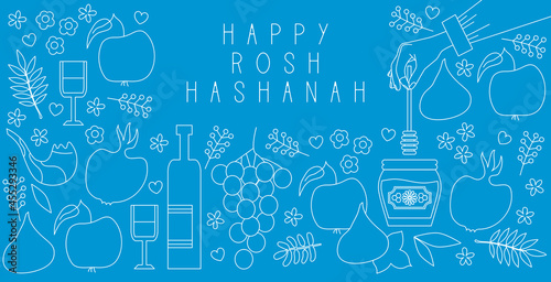 Jewish new year, rosh hashanah, greeting card banner with traditional icons. Happy New Year, Shana Tova in Hebrew. Apple, honey, flowers and leaves, Jewish New Year symbols and icons