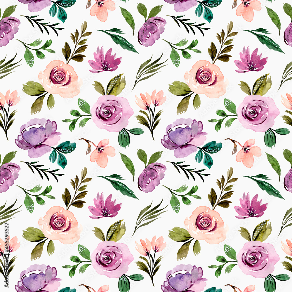 Purple flower seamless pattern with watercolor green leaves