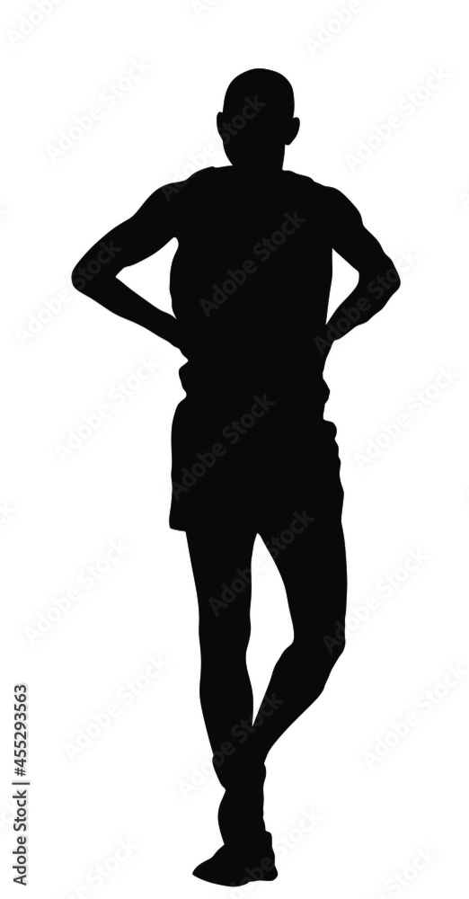 Marathon runner waiting race on start vector silhouette illustration isolated on white background. Sportsman athlete resting on finish line after race wining. Superstar player concentrates before game