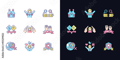 Feminist activity light and dark theme RGB color icons set. Female freedom fighter. Radical feminism. Isolated vector illustrations on white and black space. Simple filled line drawings pack