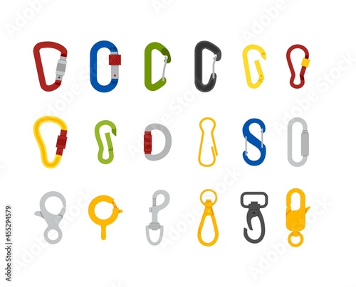 Climbing carabiners in shapes and colors flat vector illustration isolated. photo