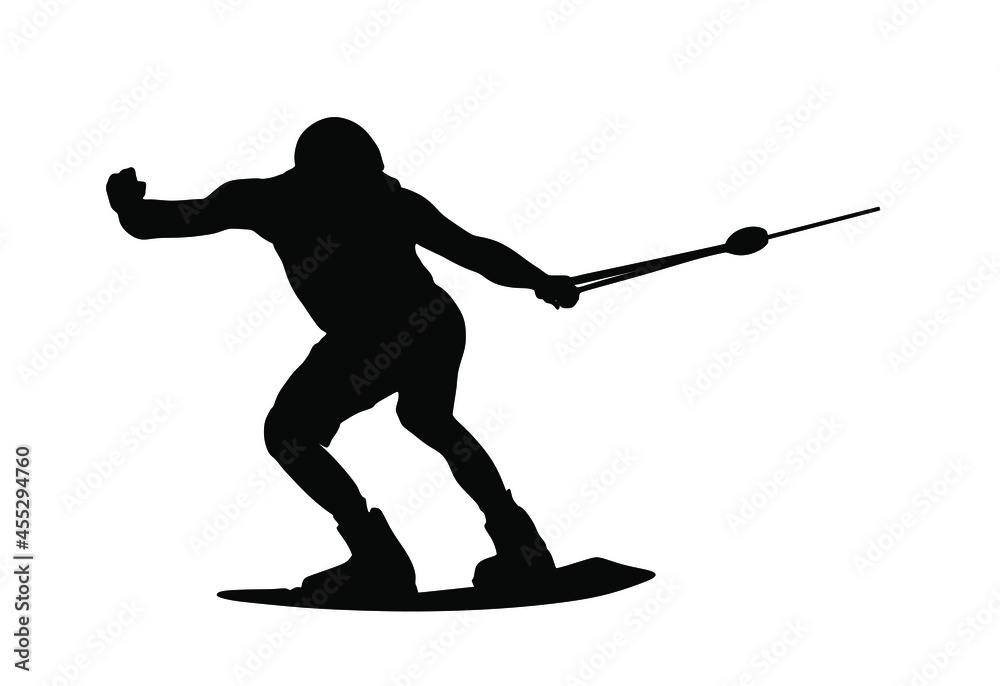 Water skiing vector silhouette illustration isolated on white. Water ski sport. Summer time on beach. Ski acrobat on the sea. Lifeguard water patrol on duty. Kite surfer or parasailing. Kite boarding.