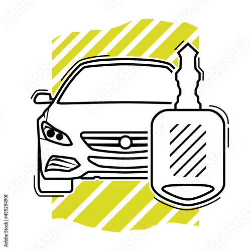 Thin line art automotive symbol. Illustration of a sedan car combined with key. White background.