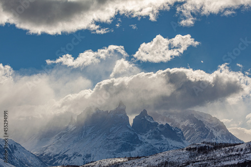 Cloudscape over the peaks of Los Cuernos  The Horns  in Torres del Paine National Park  Chile