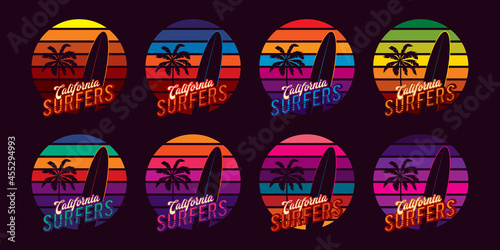 Original vector vintage set. Retro sunset collection with a palm tree and a surfboard, on the background of a sunset in the style of the 80s. © artmarsa
