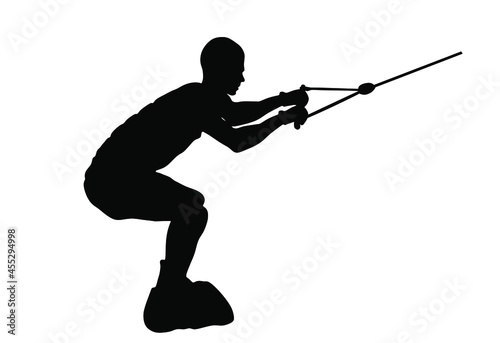 Water skiing vector silhouette illustration isolated on white. Water ski sport. Summer time on beach. Ski acrobat on the sea. Lifeguard water patrol on duty. Kite surfer or parasailing. Kite boarding.