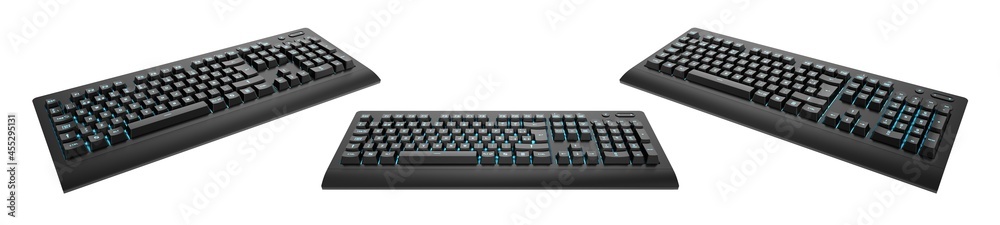 Isolated backlit black mechanical keyboard. Various perspectives. Isolated backlit black mechanical keyboard. Various perspectives.