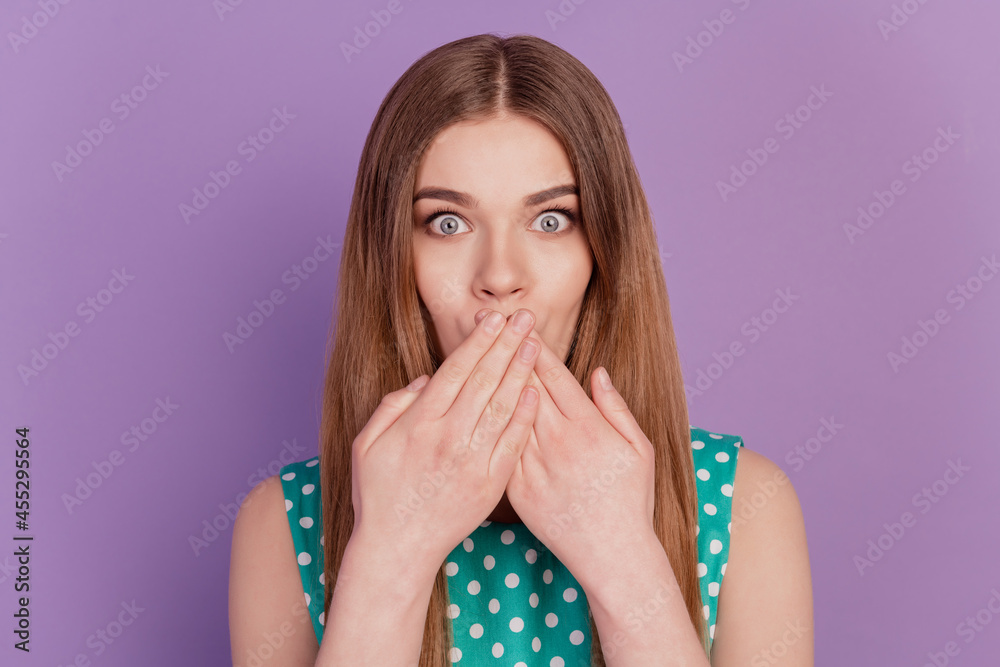 Photo of crazy surprised lady open mouth look camera on purple background Photo of crazy surprised lady open mouth look camera on purple background