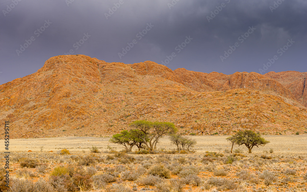 Tiras mountains in southern Namibia: bare hills and a dry savanna with some trees