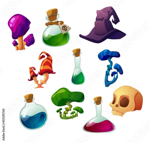 Witch magic stuff and potion ingredients set, flat vector illustration isolated.