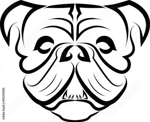 Black and white line art of bulldog or pug dog head. Simple minimalistic tattoo design vector illustration.