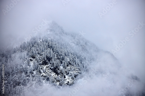 foggy and misty nature landscape of snowy mountains