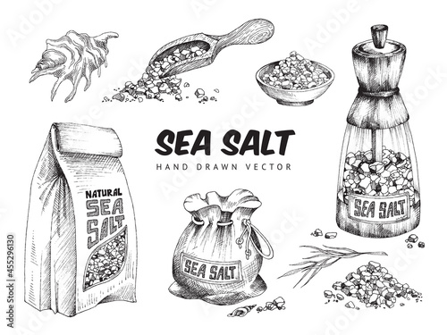 Sea salt in packs and kitchen utensils, engraving vector illustration isolated.