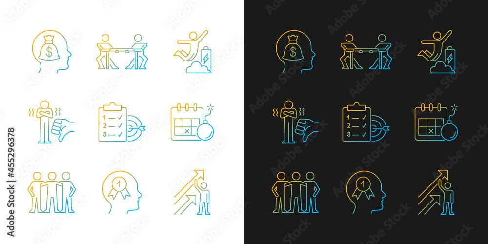 Motivation stimulus gradient icons set for dark and light mode. Team member. Goal achievement. Thin line contour symbols bundle. Isolated vector outline illustrations collection on black and white Motivation stimulus gradient icons set for dark and light mode. Team member. Goal achievement. Thin line contour symbols bundle. Isolated vector outline illustrations collection on black and white