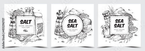 Set of sea salt backgrounds or labels engraving vector illustration isolated.