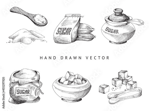 Hand drawn sugar items set engraving vintage vector illustration isolated.