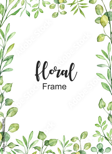 Letter size frame template with copy space. Floral border with green botany leaves. Watercolor hand painted botanical different plants. Greeting card and stationery design frame ready to print
