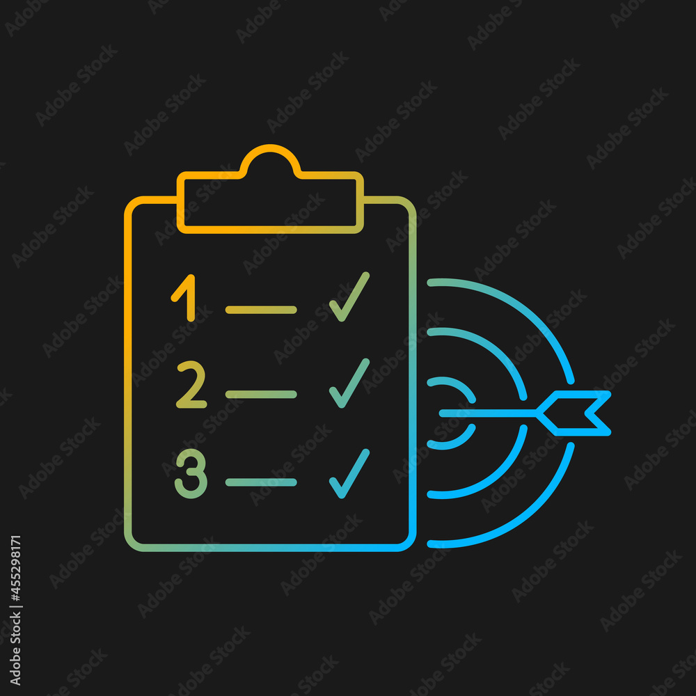Clear goals gradient vector icon for dark theme. Set realistic aim. Reach goal step by step within timeline. Thin line color symbol. Modern style pictogram. Vector isolated outline drawing Clear goals gradient vector icon for dark theme. Set realistic aim. Reach goal step by step within timeline. Thin line color symbol. Modern style pictogram. Vector isolated outline drawing