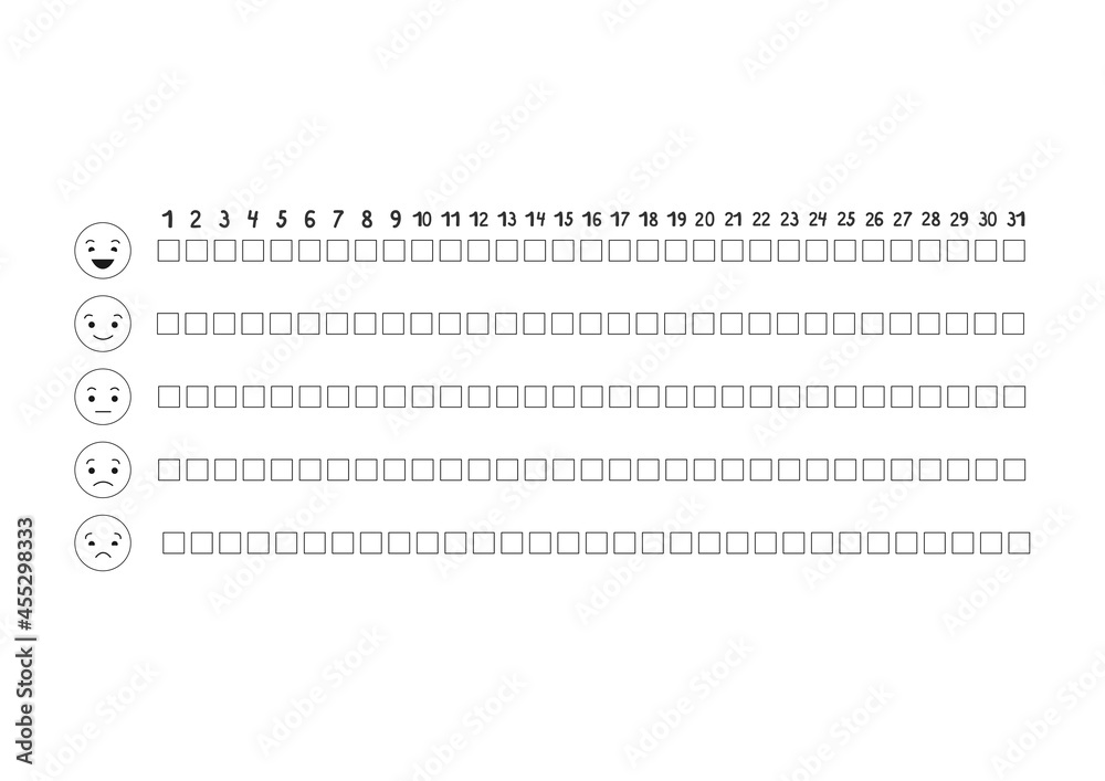 Printable A4 paper sheet with to fill planner of mood tracker in minimalist style. Template for bullet journal page, daily planner template, blank for notebook. Printable A4 paper sheet with to fill planner of mood tracker in minimalist style. Template for bullet journal page, daily planner template, blank for notebook.