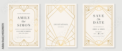 Art deco wedding invitation card vector. Luxury classic antique cards design for VIP invite, Gatsby invitation gold, Fancy party event, Save the date card and Thank you card. Vector illustration.