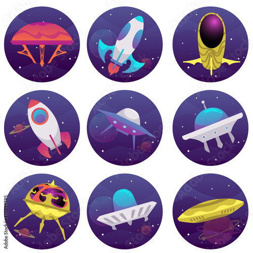 Collection of circle stickers with spaceships flat vector illustration isolated.
