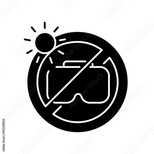 Do not leave in sunlight black glyph manual label icon. Direct sunlight lead to fire and vision damage. Silhouette symbol on white space. Vector isolated illustration for product use instructions